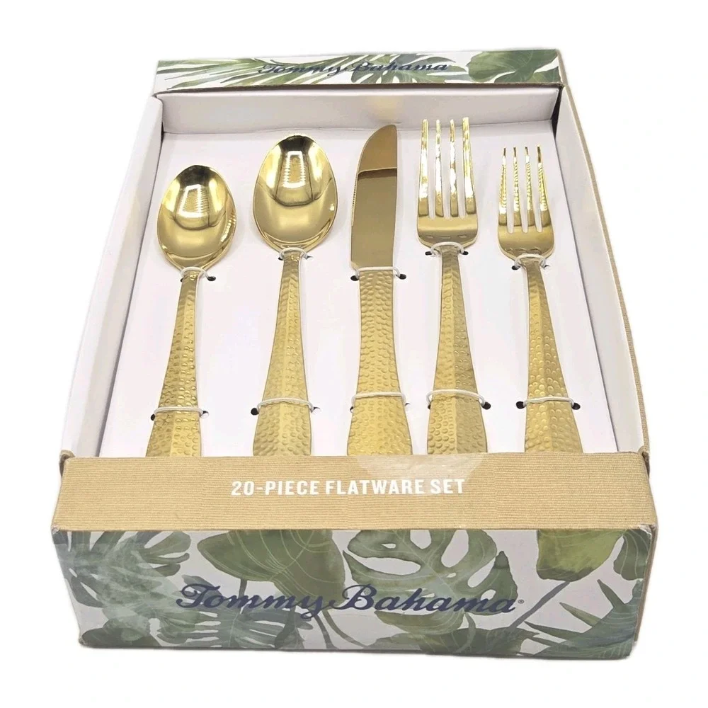 Tommy Bahama 20-Piece Hammered Gold‎ Stainless Steel Flatware Set Made in India